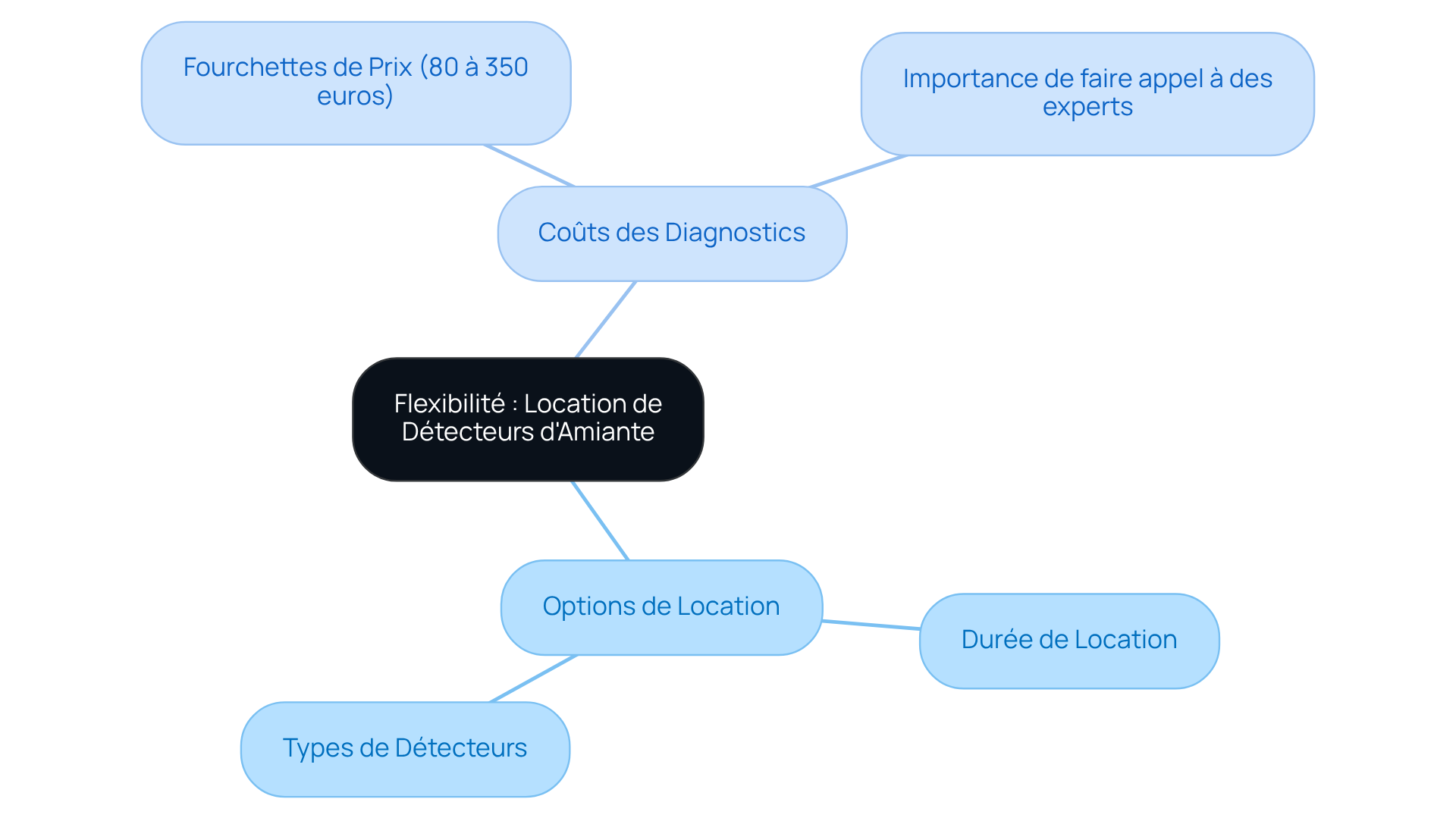 Ce mindmap vous montre comment la location de détecteurs d'amiante peut être adaptée à vos besoins. Suivez les branches pour explorer les options de location et les coûts associés, afin de mieux comprendre comment Légimétrie peut vous aider.