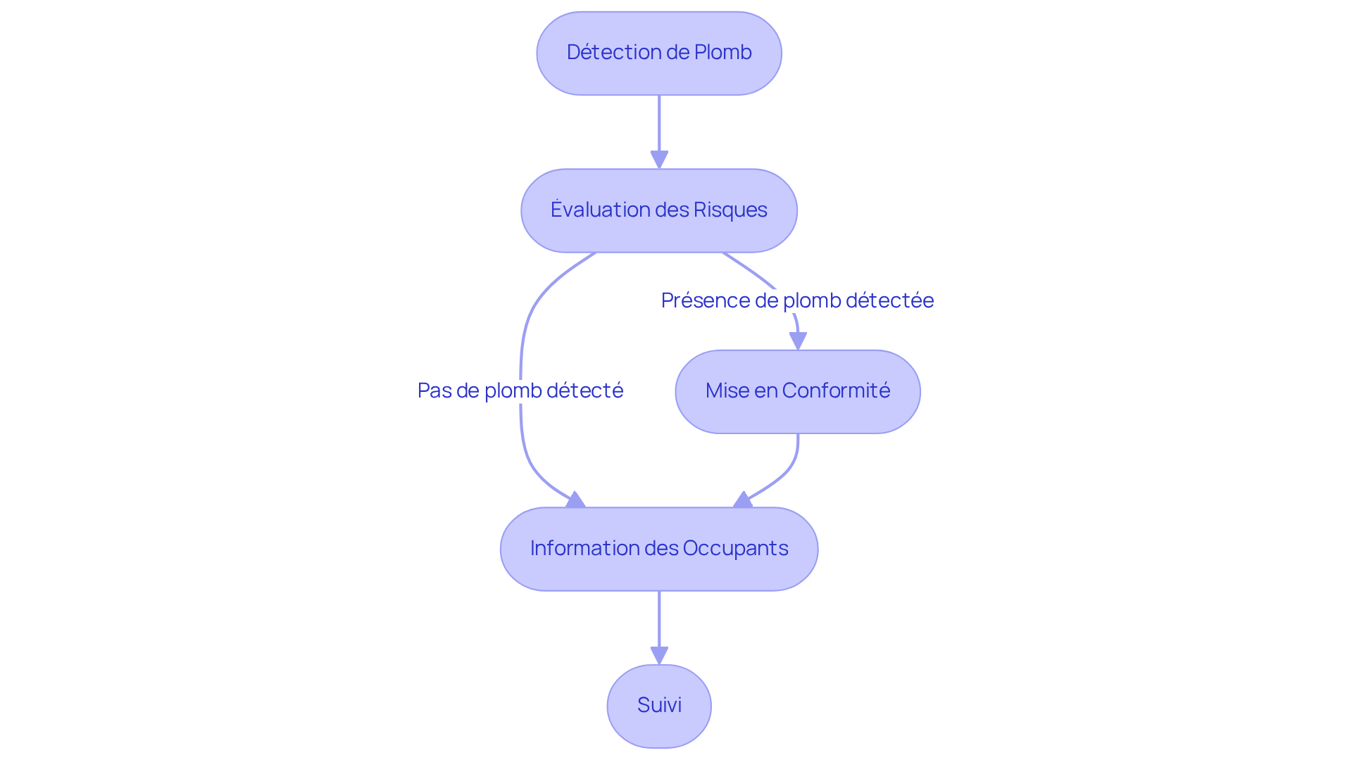Chaque boîte représente une étape à suivre après la détection de plomb. Suivez les flèches pour voir comment passer d'une étape à l'autre et assurez-vous de respecter chaque action pour garantir la sécurité de votre maison. Chaque boîte représente une étape à suivre après la détection de plomb. Suivez les flèches pour voir comment passer d'une étape à l'autre et assurez-vous de respecter chaque action pour garantir la sécurité de votre maison.