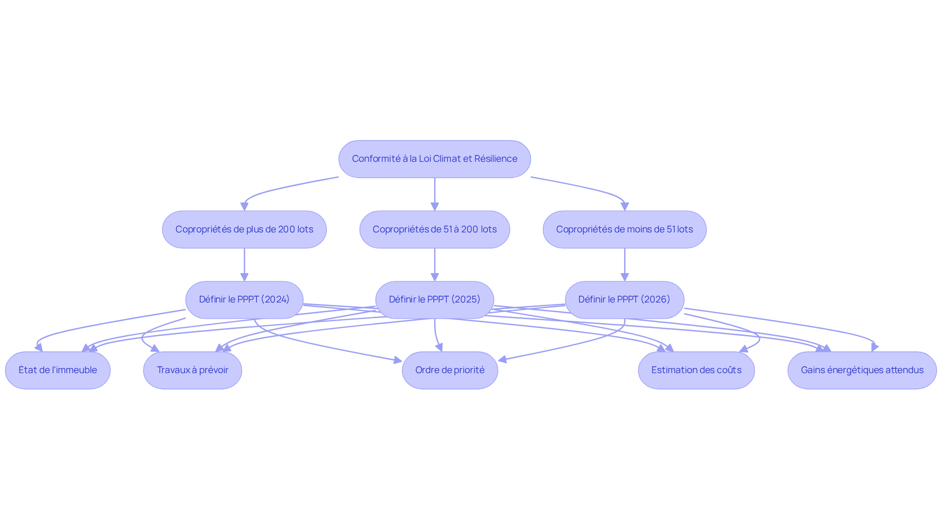 Ce diagramme montre les étapes que les copropriétés doivent suivre pour se conformer à la loi. Chaque section indique les délais spécifiques pour les différentes tailles de copropriétés, et les sous-étapes montrent les informations nécessaires à inclure dans leur plan de travaux.
