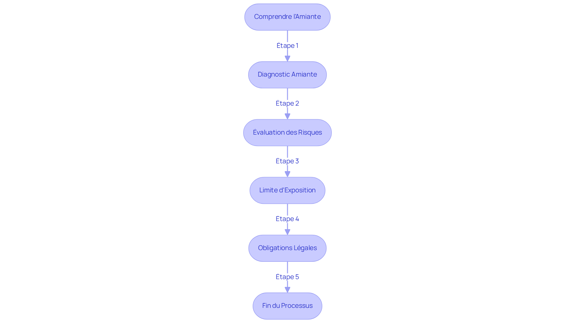 Chaque étape du flowchart représente une partie du processus de gestion des risques liés à l'amiante. Suivez les flèches pour voir comment passer d'une étape à l'autre, de la compréhension des dangers à la mise en œuvre des mesures de sécurité.