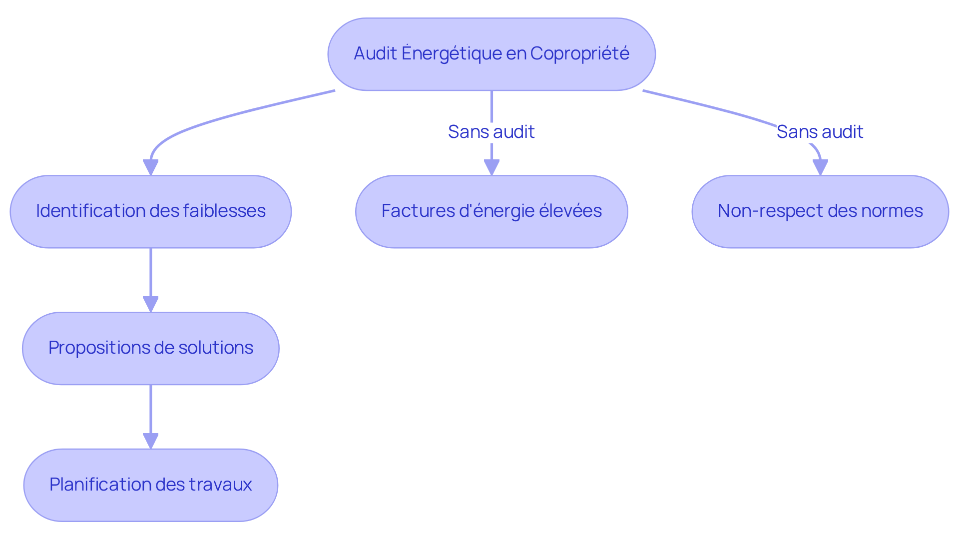 Ce flowchart montre les étapes clés de l'audit énergétique en copropriété. Suivez les flèches pour comprendre comment chaque étape mène à des résultats, et ce qui peut arriver si l'audit n'est pas effectué. Ce flowchart montre les étapes clés de l'audit énergétique en copropriété. Suivez les flèches pour comprendre comment chaque étape mène à des résultats, et ce qui peut arriver si l'audit n'est pas effectué.
