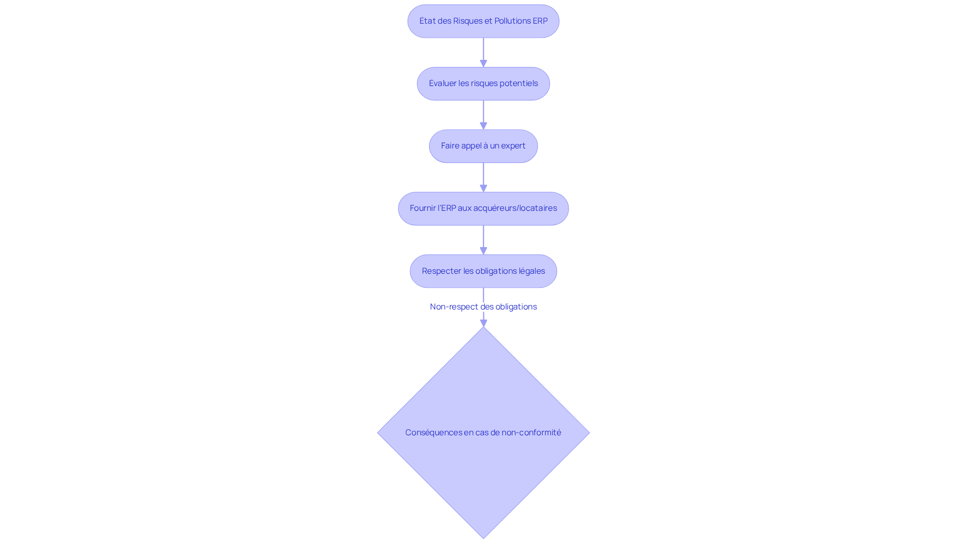 Chaque étape du flowchart représente une action à suivre pour respecter les obligations légales concernant l'ERP. Suivez les flèches pour comprendre comment chaque étape mène à la suivante et pourquoi il est crucial de respecter ces exigences.