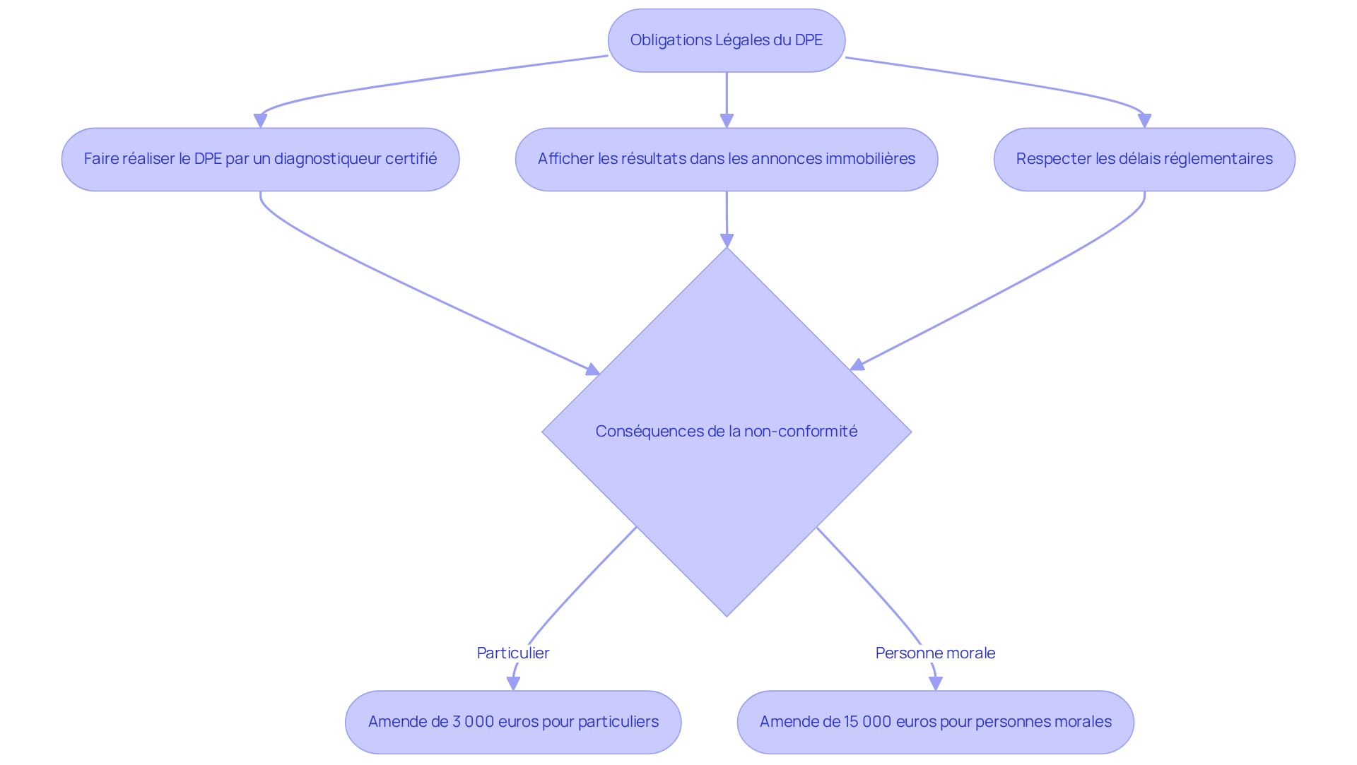 Ce flowchart montre les étapes à suivre pour respecter les obligations légales du DPE. Suivez les flèches pour voir ce que vous devez faire et ce qui peut arriver si vous ne le faites pas. Ce flowchart montre les étapes à suivre pour respecter les obligations légales du DPE. Suivez les flèches pour voir ce que vous devez faire et ce qui peut arriver si vous ne le faites pas.