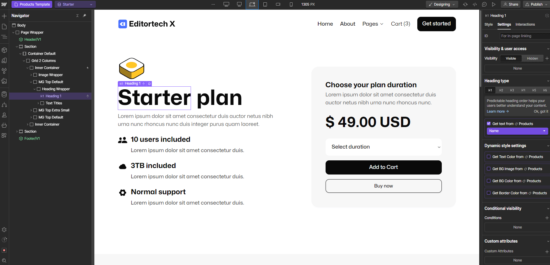 Ecommerce Page - Editortech X Webflow Template