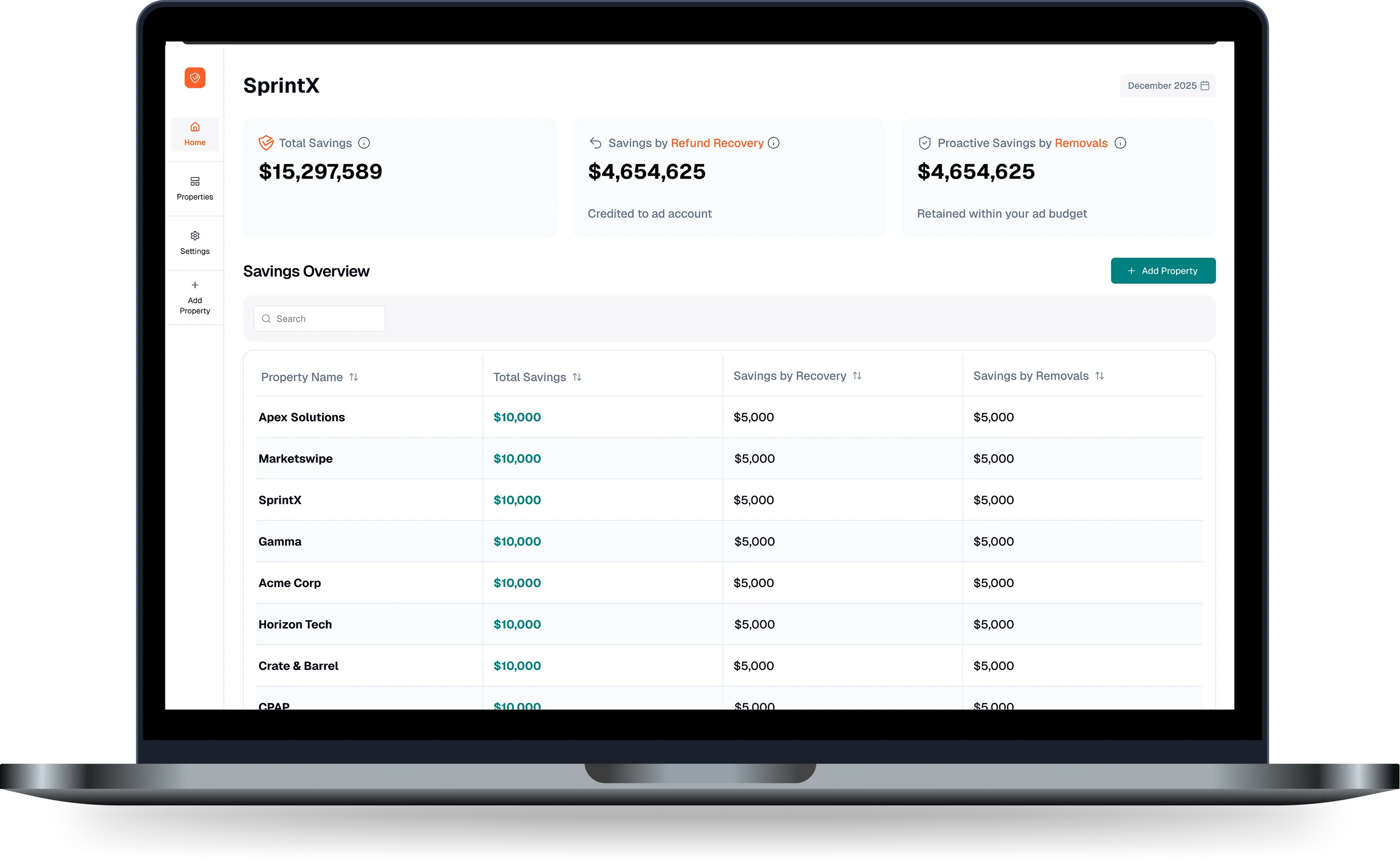 The Vaudit dashboard on a laptop, showing total savings, savings by recovery and proactive savings, with a savings overview table by account.