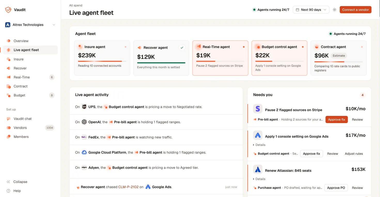 Vaudit Live agent fleet view showing each agent's current work and the items that need approval.