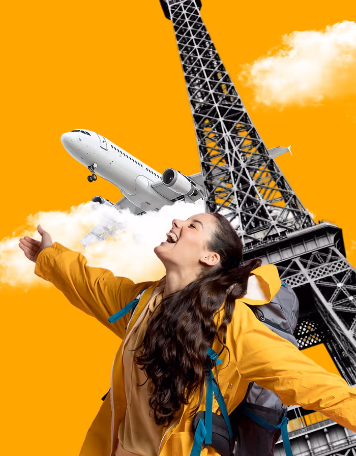 Image d'une voyageuse, avec en fond la tour eiffel et un avion