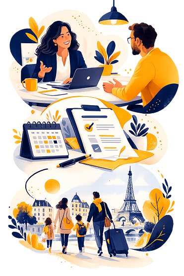 illustration des étapes, échange découverte, plan, et l'arrivée en France