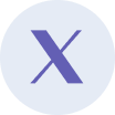 Blue stylized letter X inside a light circular background.