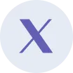 Blue stylized letter X inside a light circular background.
