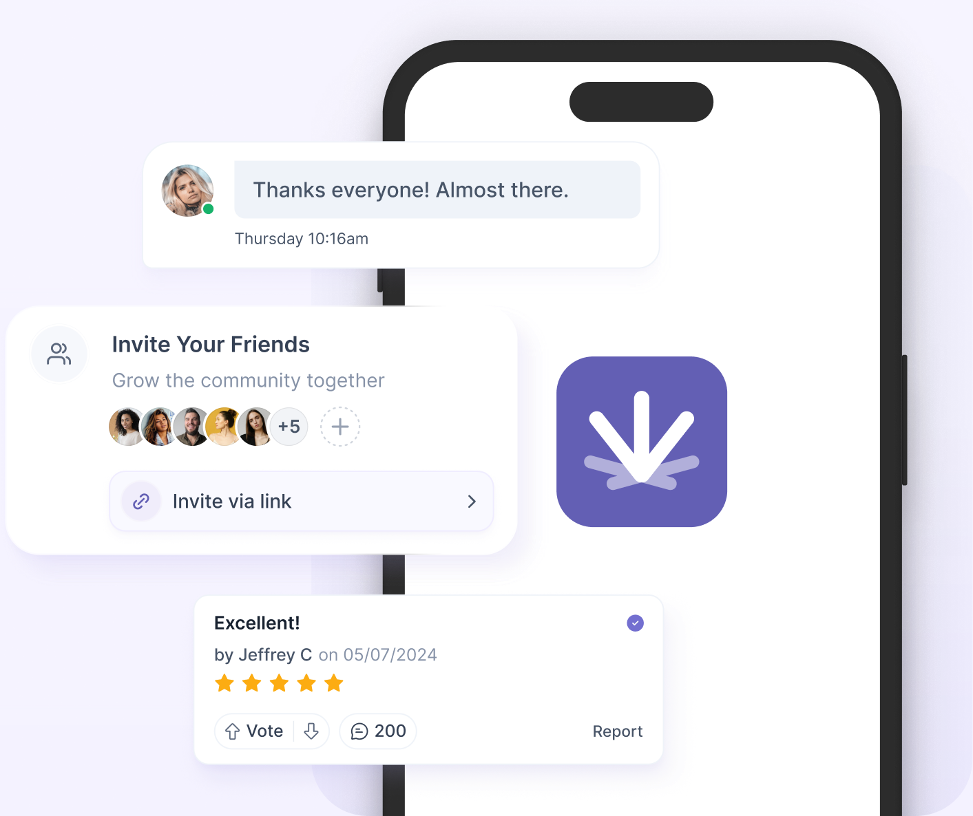 Toke community feed with reviews, invites and messages