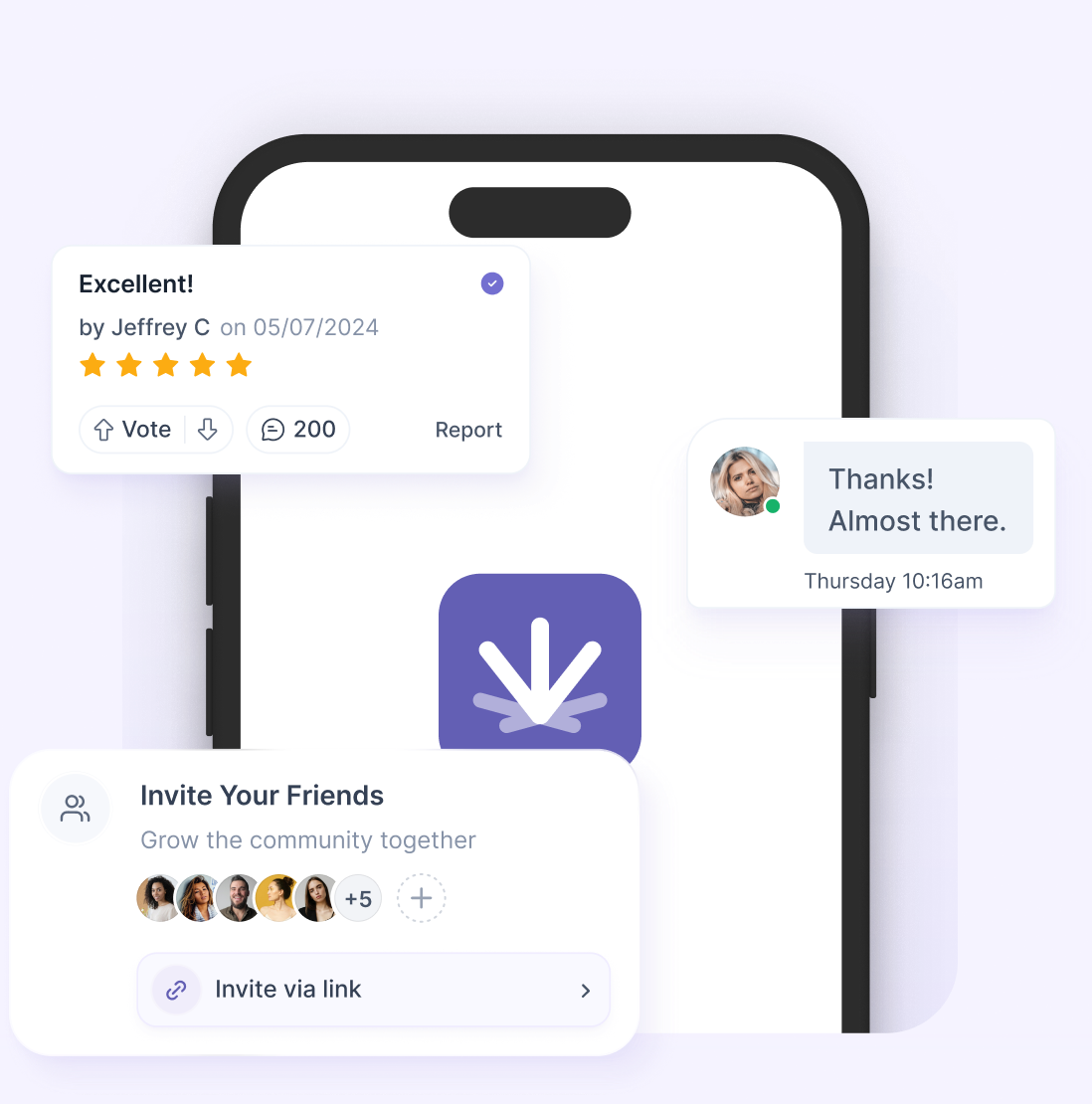 Toke community feed with reviews, invites and messages