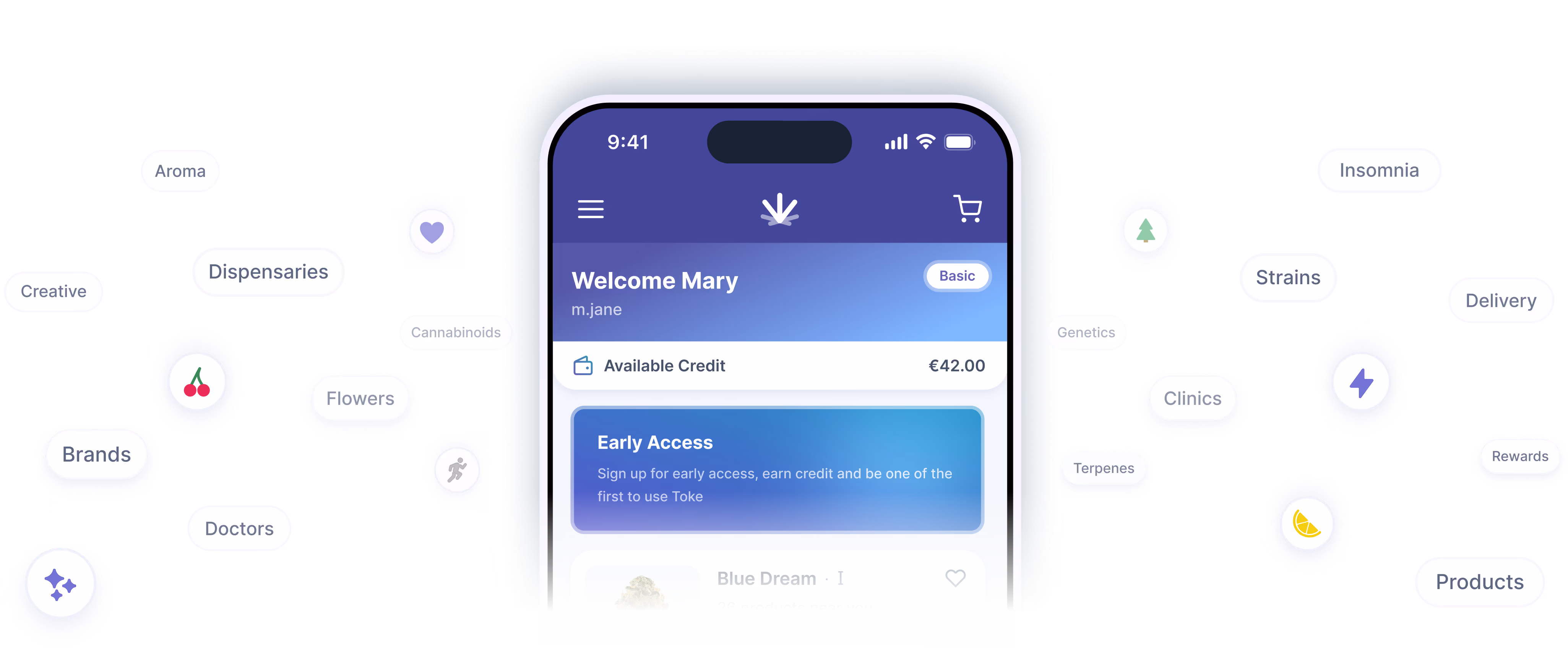 Smartphone screen showing a cannabis app dashboard with welcome message, available credit, early access signup, and navigation icons surrounded by related cannabis terms and icons.