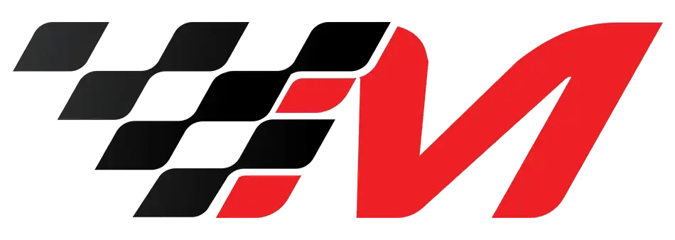 Logo with a red stylized letter M and a checkered flag pattern blending into it.