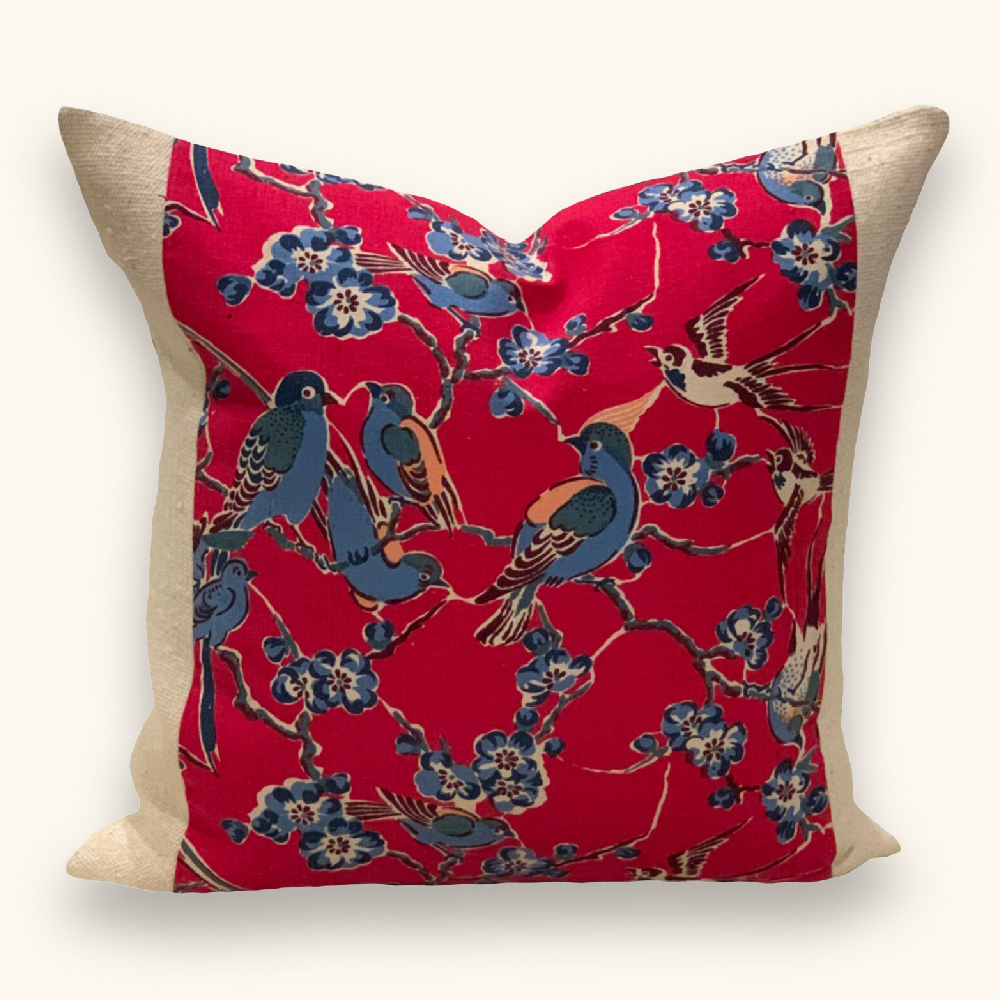Chinese Block Print Bird Motif Pillow