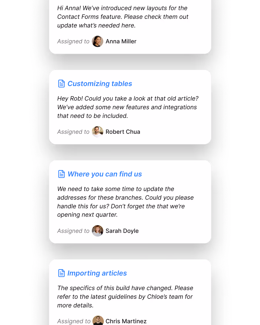 A series of notifications (vertically) that are assigning different people to update articles