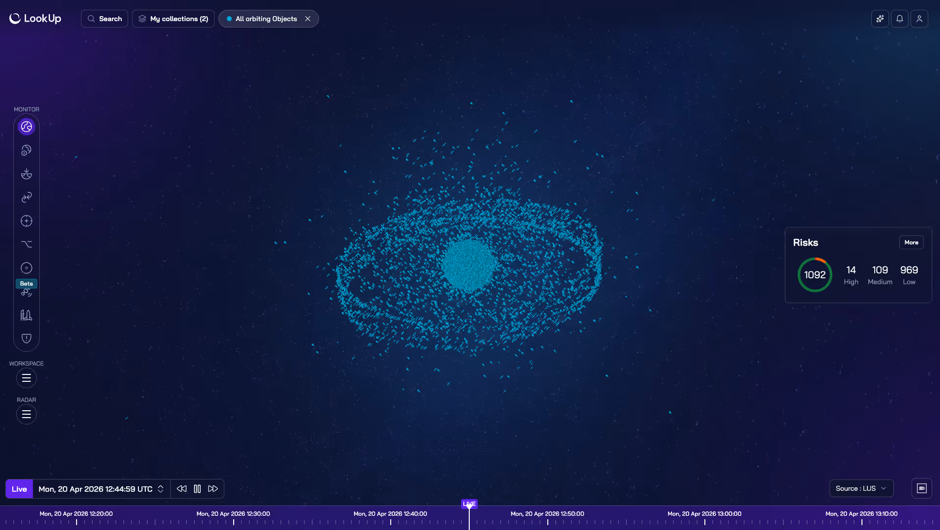 Digital space debris map showing thousands of orbiting objects around Earth with risk levels.