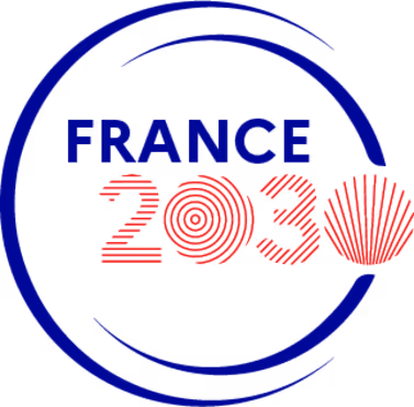 Blue circular emblem with the text France 2030 in blue and red with stylized red symbols.