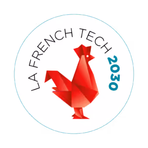 Red origami rooster with text La French Tech 2030 in a circular logo.