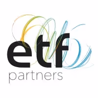 ETF Partners logo with swirling colored lines around black letters on a white background.