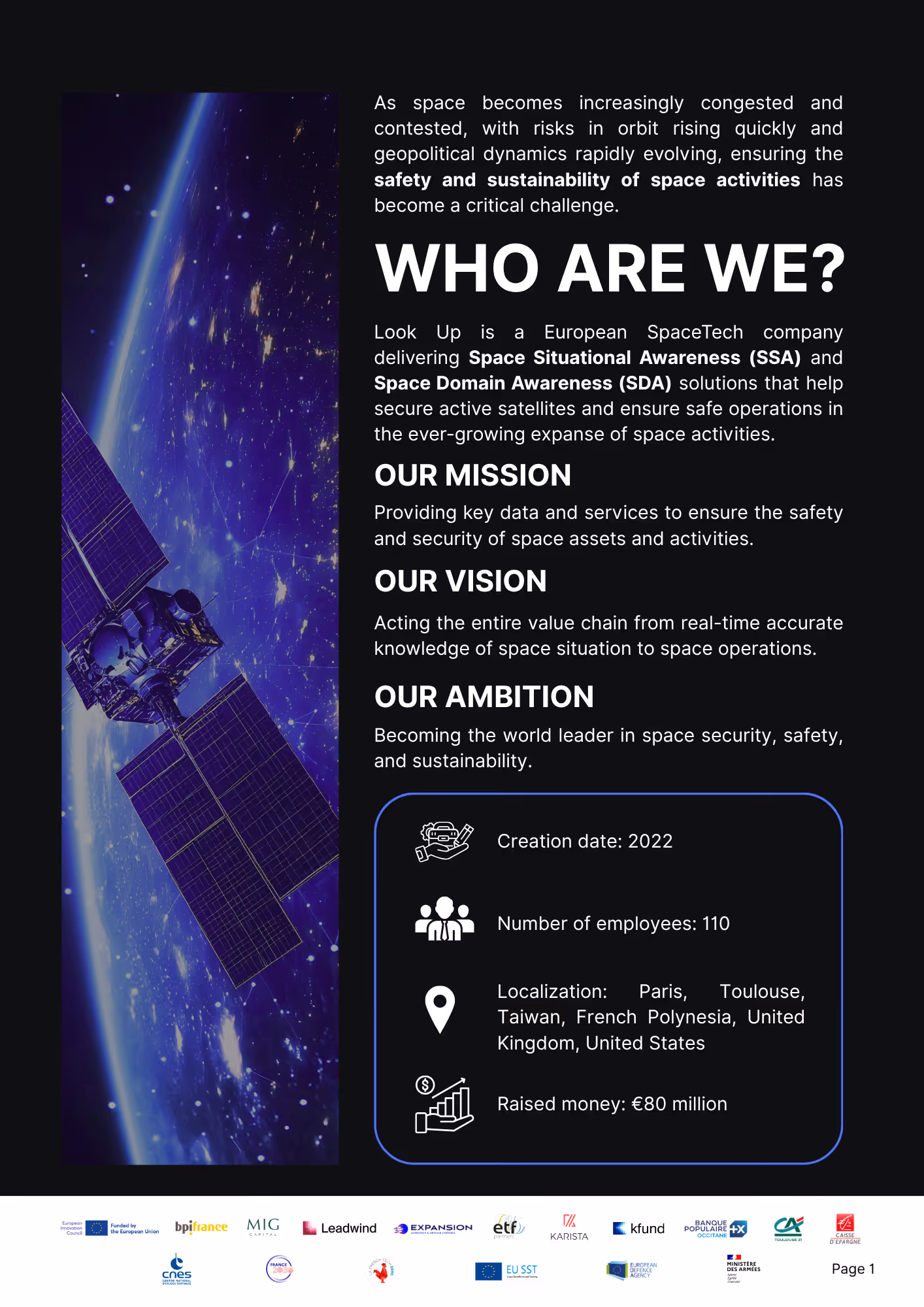 Satellite orbiting Earth with text about Look Up, a SpaceTech firm focused on space safety and situational awareness.