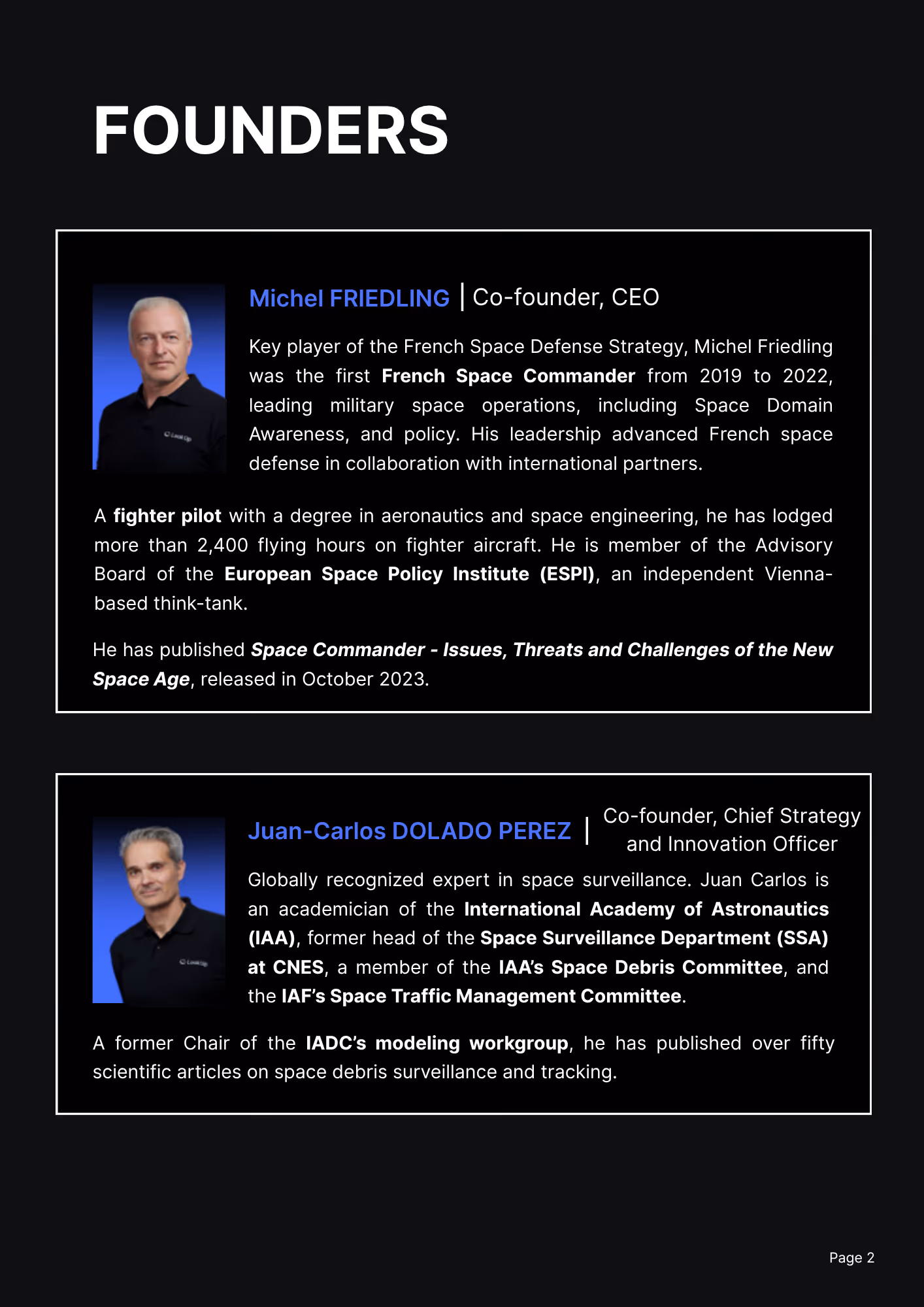 Profiles of founders Michel Friedling and Juan-Carlos Dolado Perez with their portraits and bios on space defense leadership.