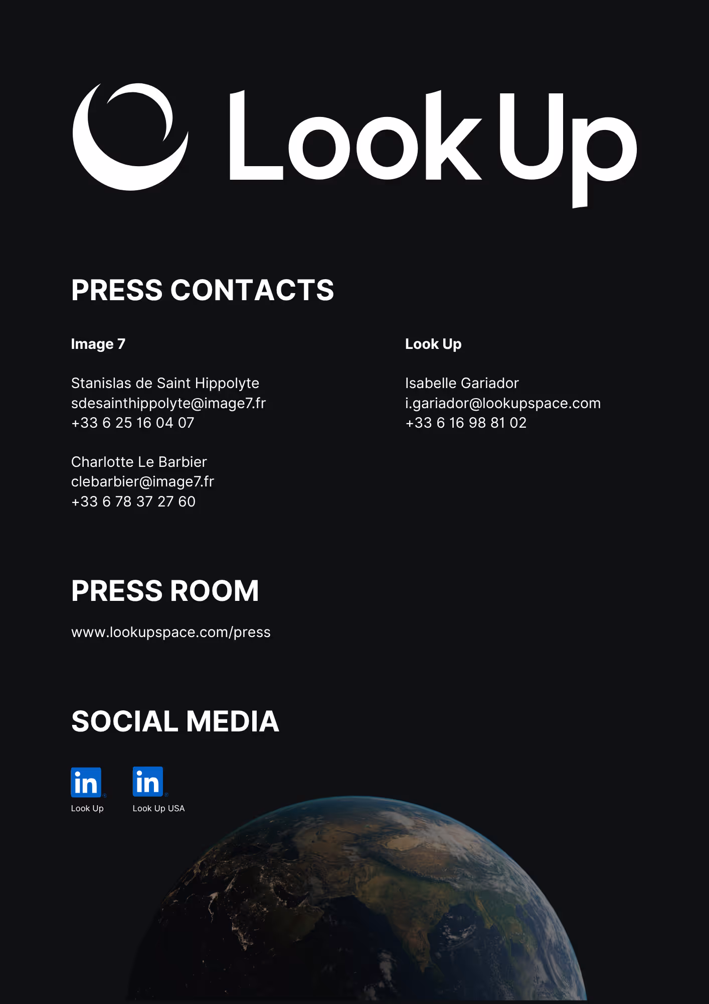 Look Up press contacts with emails and phones, press room URL, social media LinkedIn icons, Earth at bottom.