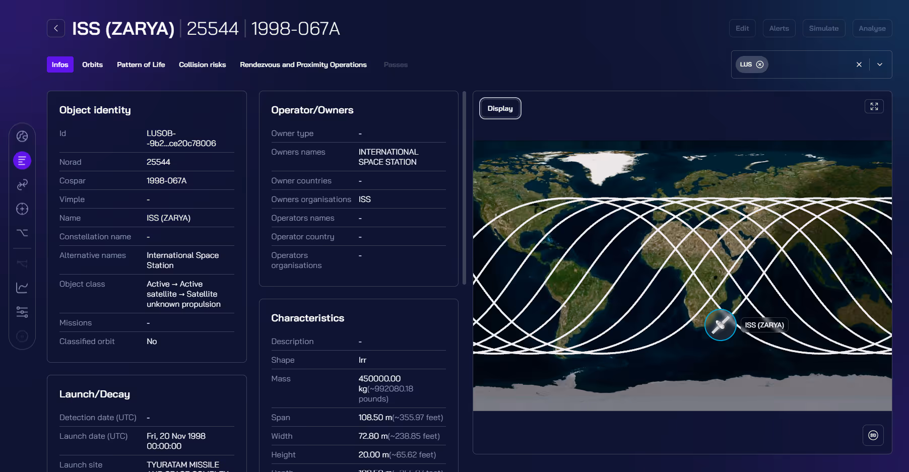 Dashboard showing ISS (ZARYA) satellite data and its ground track orbit path over Earth.