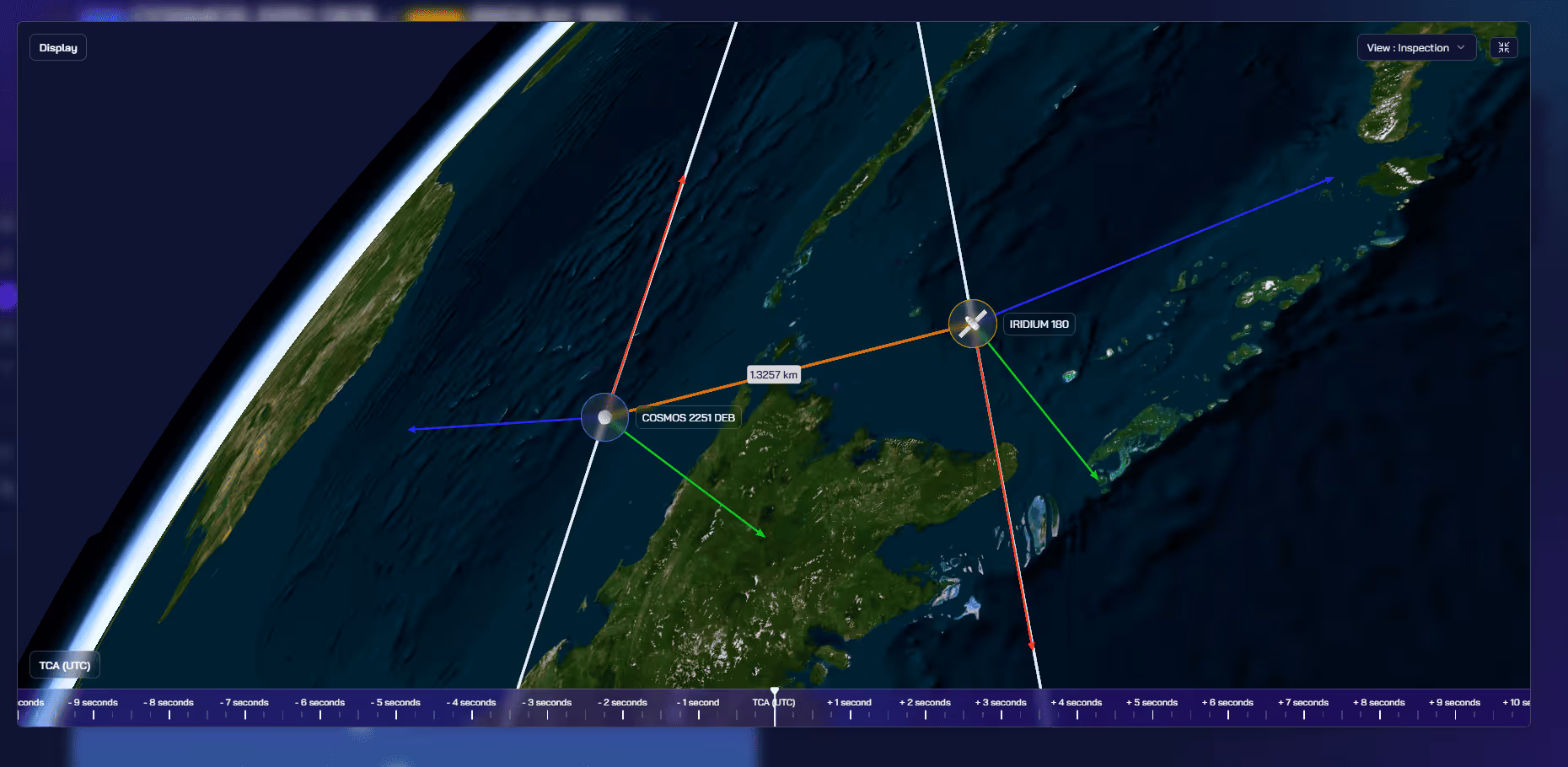 3D satellite view showing COSMOS 2251 DEB and IRIDIUM 180 with distance and trajectory lines.