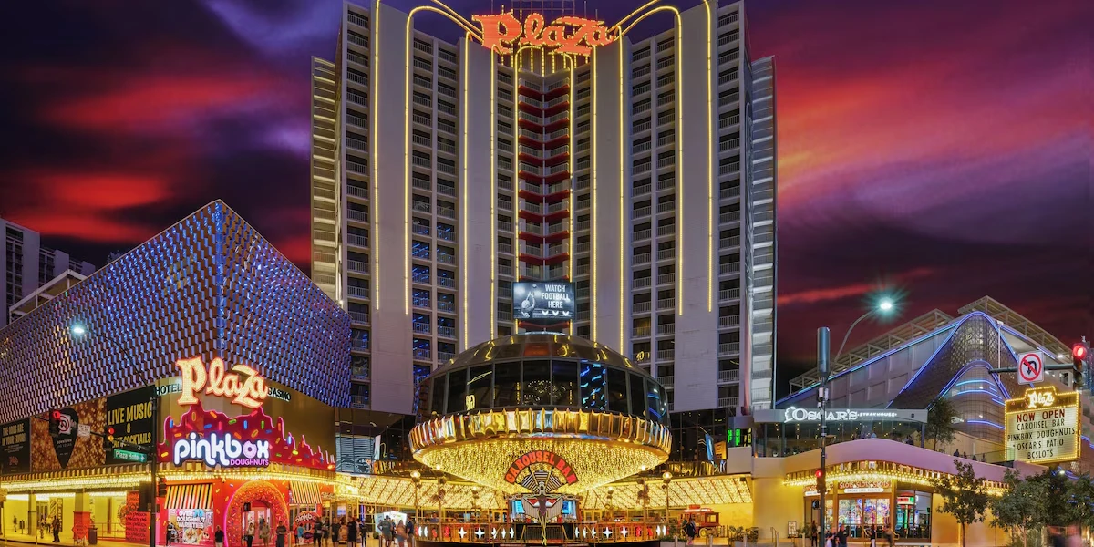 Hotel Exterior at Plaza Hotel and Casino Las Vegas.
