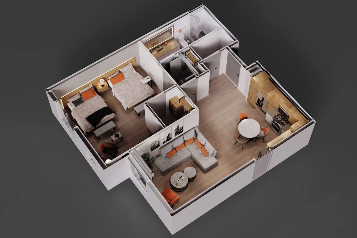 One Bedroom Residence Double Queen Floor Plan at Otonomus Hotel Las Vegas.