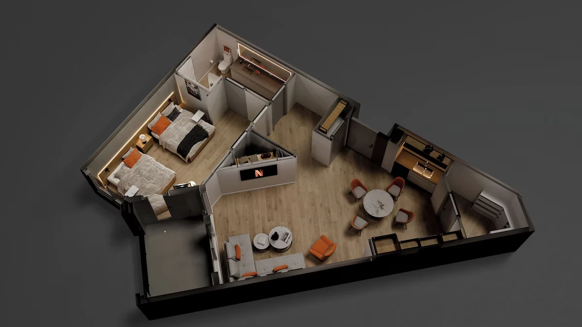 One Bedroom Corner Residence Double Queen Floor Plan at Otonomus Hotel Las Vegas.