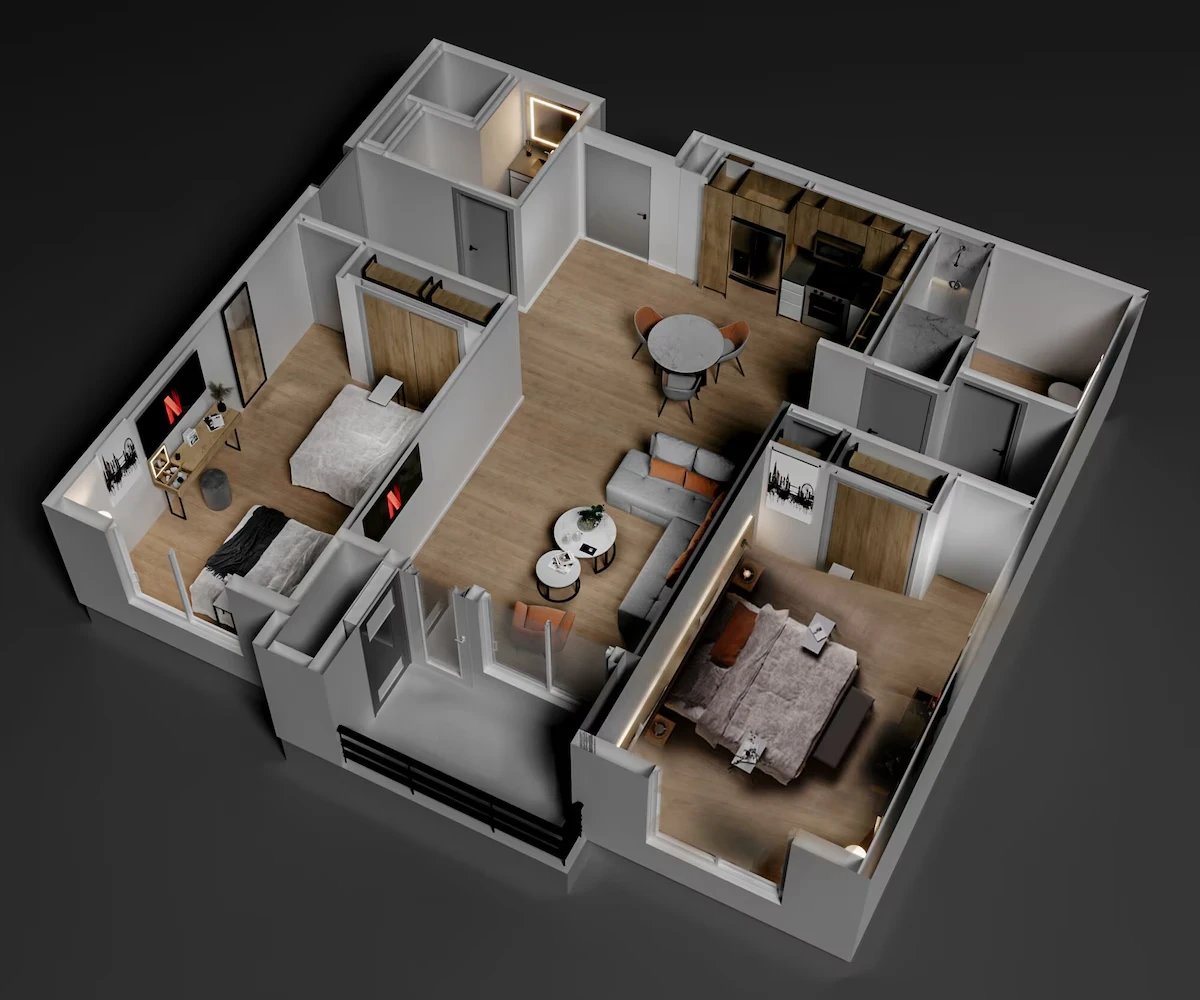 Two Bedroom Residence King and Two Queens Floor Plan at Otonomus Hotel Las Vegas.