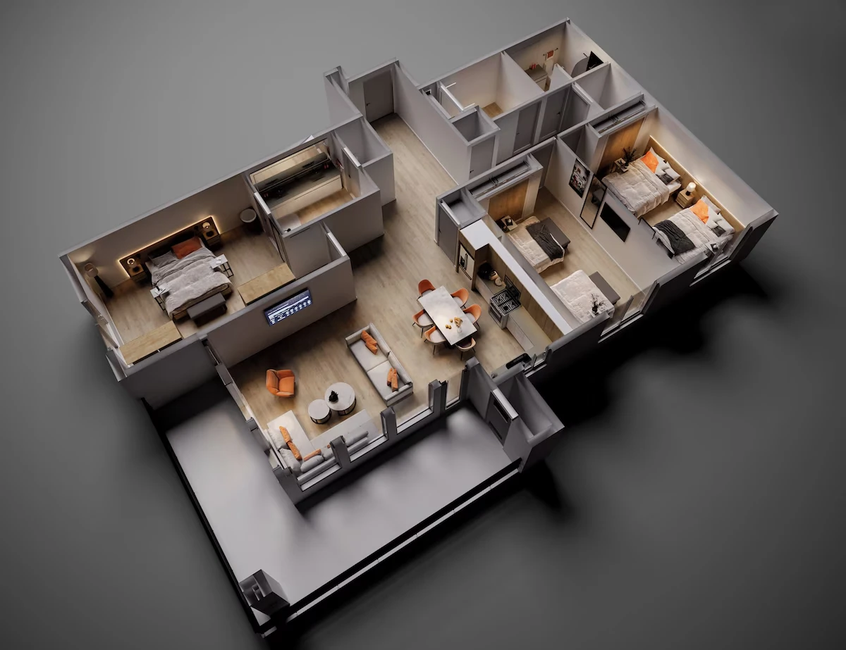Three Bedroom Residence King and Double Queens Floor Plan at Otonomus Hotel Las Vegas.
