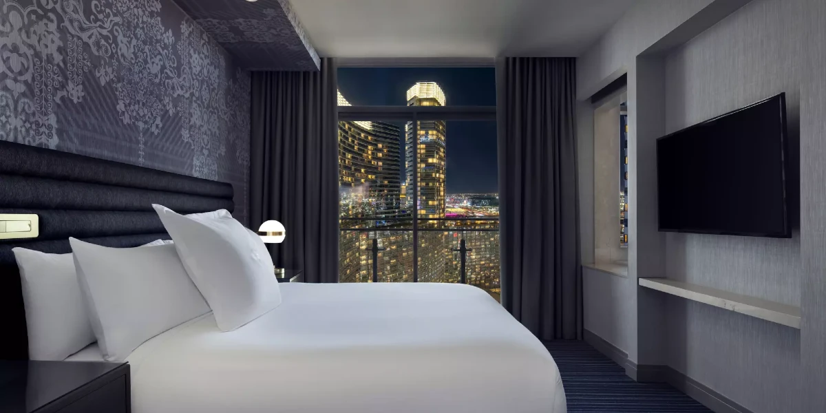 Terrace One Bedroom Suite Bedroom at The Cosmopolitan of Las Vegas.