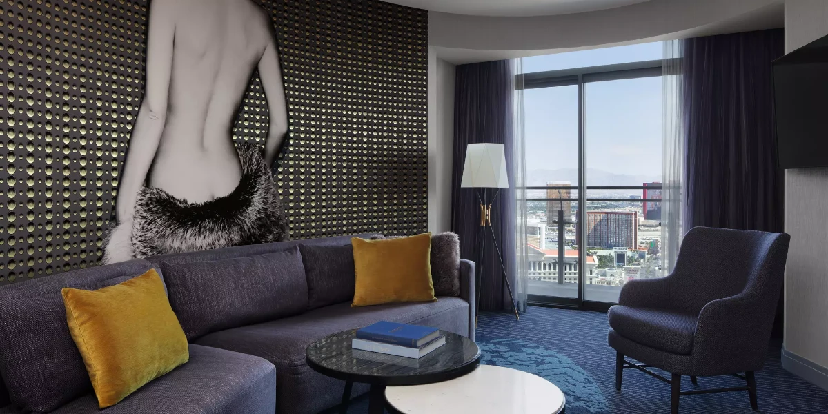 Terrace Suite Fountain View Living Area at The Cosmopolitan of Las Vegas.