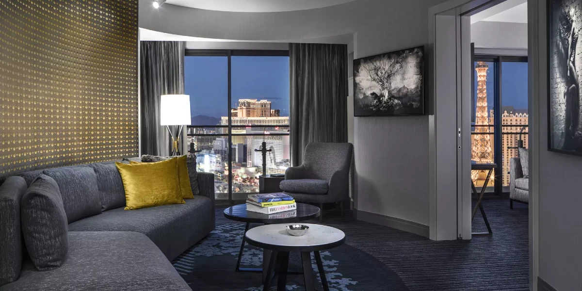 Terrace Suite Fountain View Living Area at The Cosmopolitan of Las Vegas.