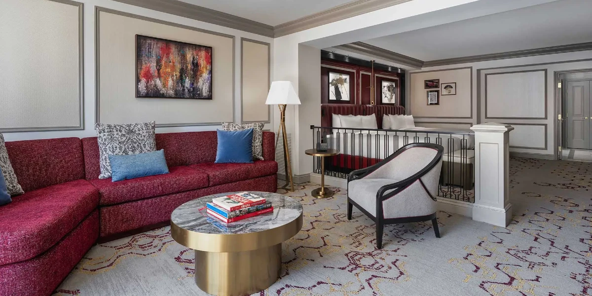 Newly Remodeled Premium Two Queen Suite Living Area at The Venetian Resort Las Vegas.