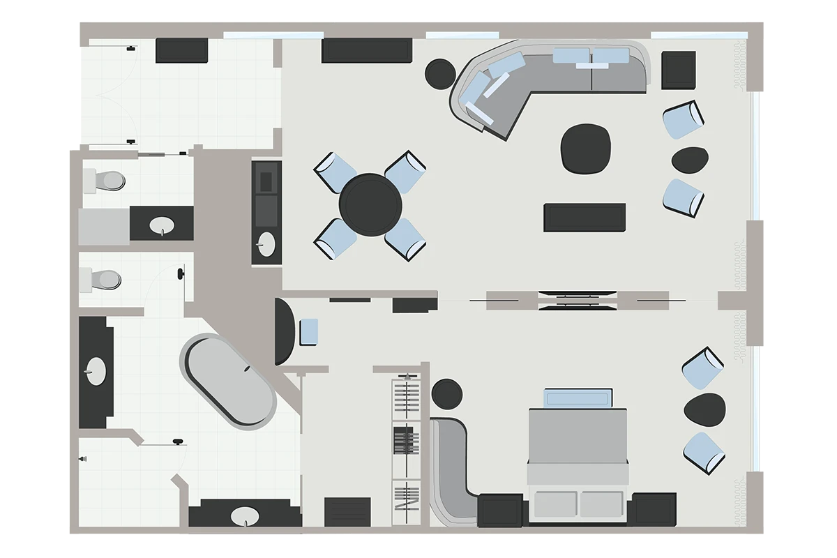 Newly Remodeled Grand One Bedroom King Suite Floor Plan at The Venetian Resort Las Vegas.