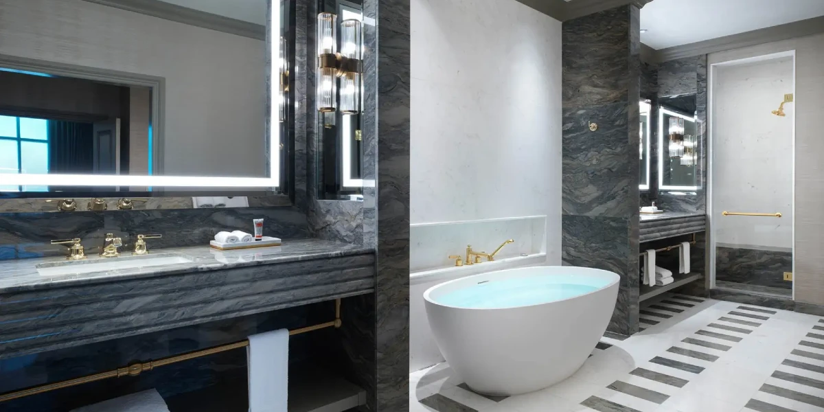 Newly Remodeled Executive Wellness King Suite Bathroom at The Venetian Resort Las Vegas.