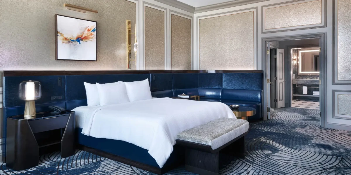 Newly Remodeled Executive Wellness King Suite Bedroom at The Venetian Resort Las Vegas.