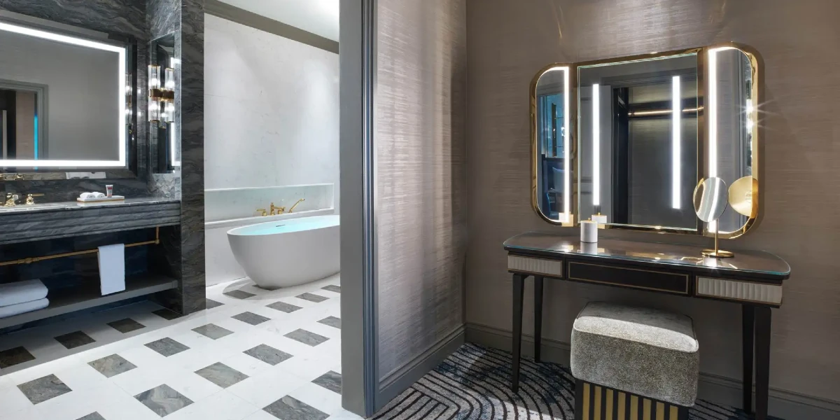 Newly Remodeled Executive Wellness King Suite Bathroom at The Venetian Resort Las Vegas.
