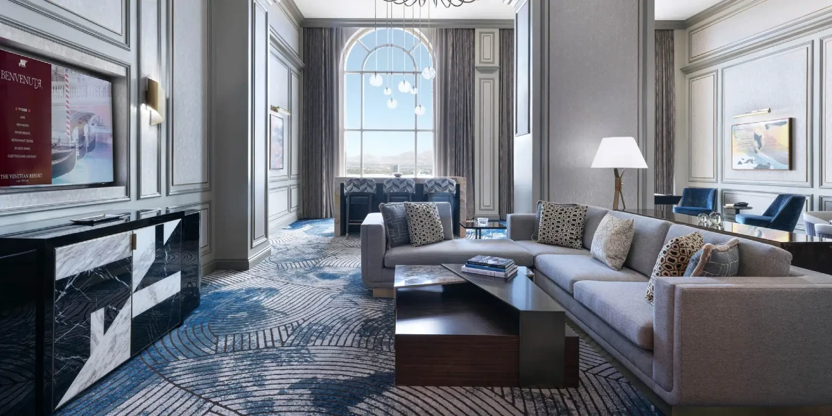 New Corner Two Bedroom Suite Living Area at The Venetian Resort Las Vegas.