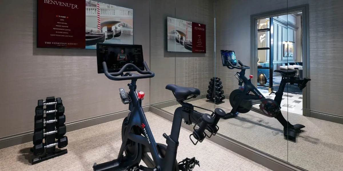 New Corner Two Bedroom Suite Workout Room at The Venetian Resort Las Vegas.