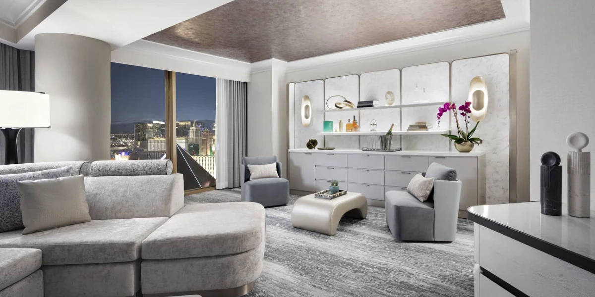 Panoramic Suite Stadium View Living Area at Four Seasons Hotel Las Vegas.
