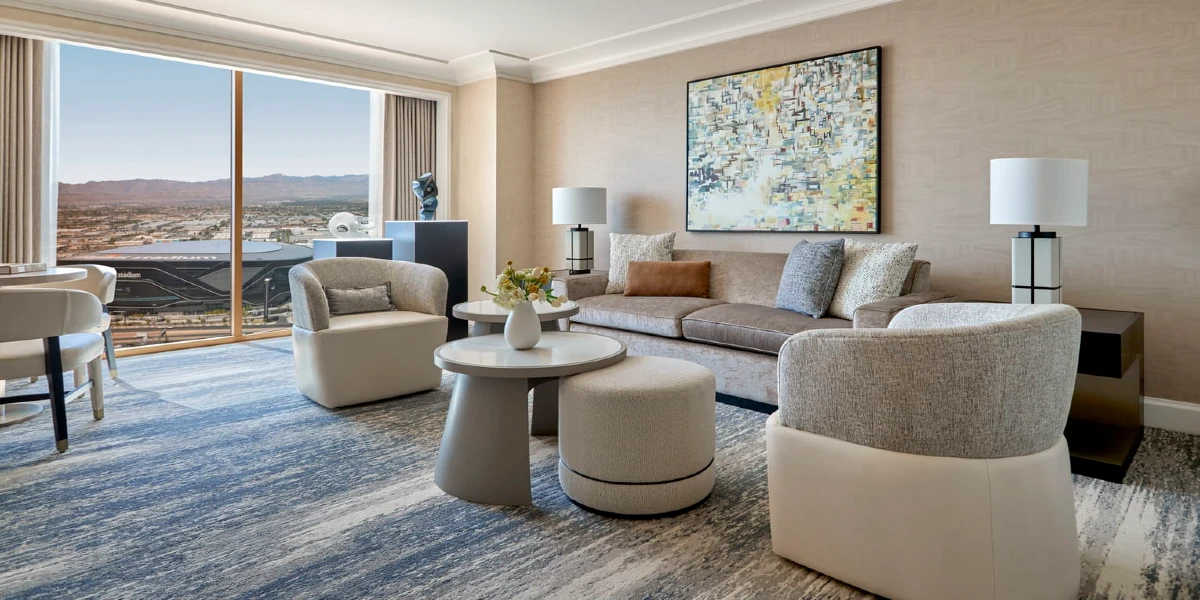 One Bedroom Suite Stadium View Living Area at Four Seasons Hotel Las Vegas.