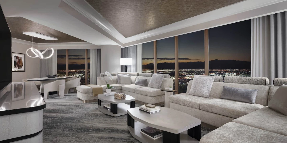 Panoramic Suite Stadium View Living Area at Four Seasons Hotel Las Vegas.
