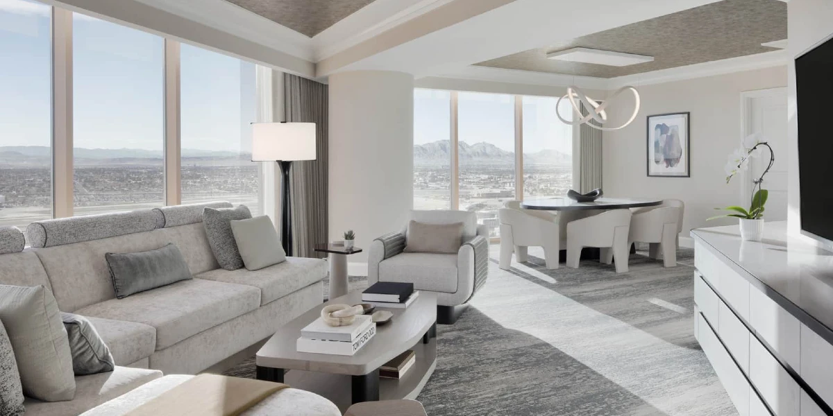 Panoramic Suite Sunrise View Living Area at Four Seasons Hotel Las Vegas.