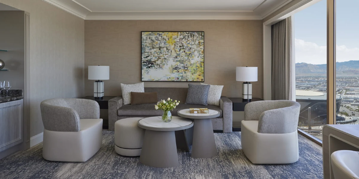 Premier Strip View Room Living Area at Four Seasons Hotel Las Vegas.