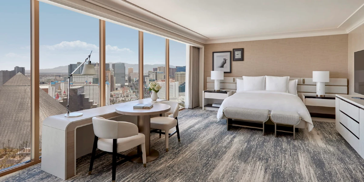 Premier Strip View Room Bedroom at Four Seasons Hotel Las Vegas.